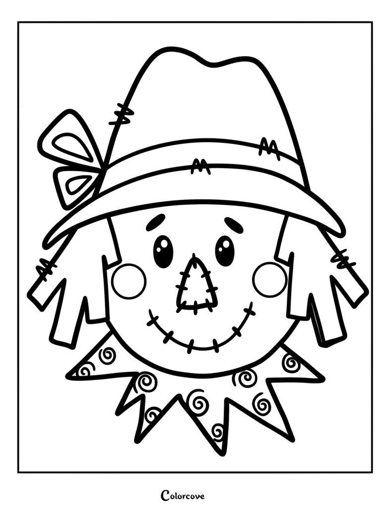 Une page de coloriage simple représentant le visage d'un epouvantail sympathique avec un nez cousu, des joues roses et un chapeau avec un nœud.