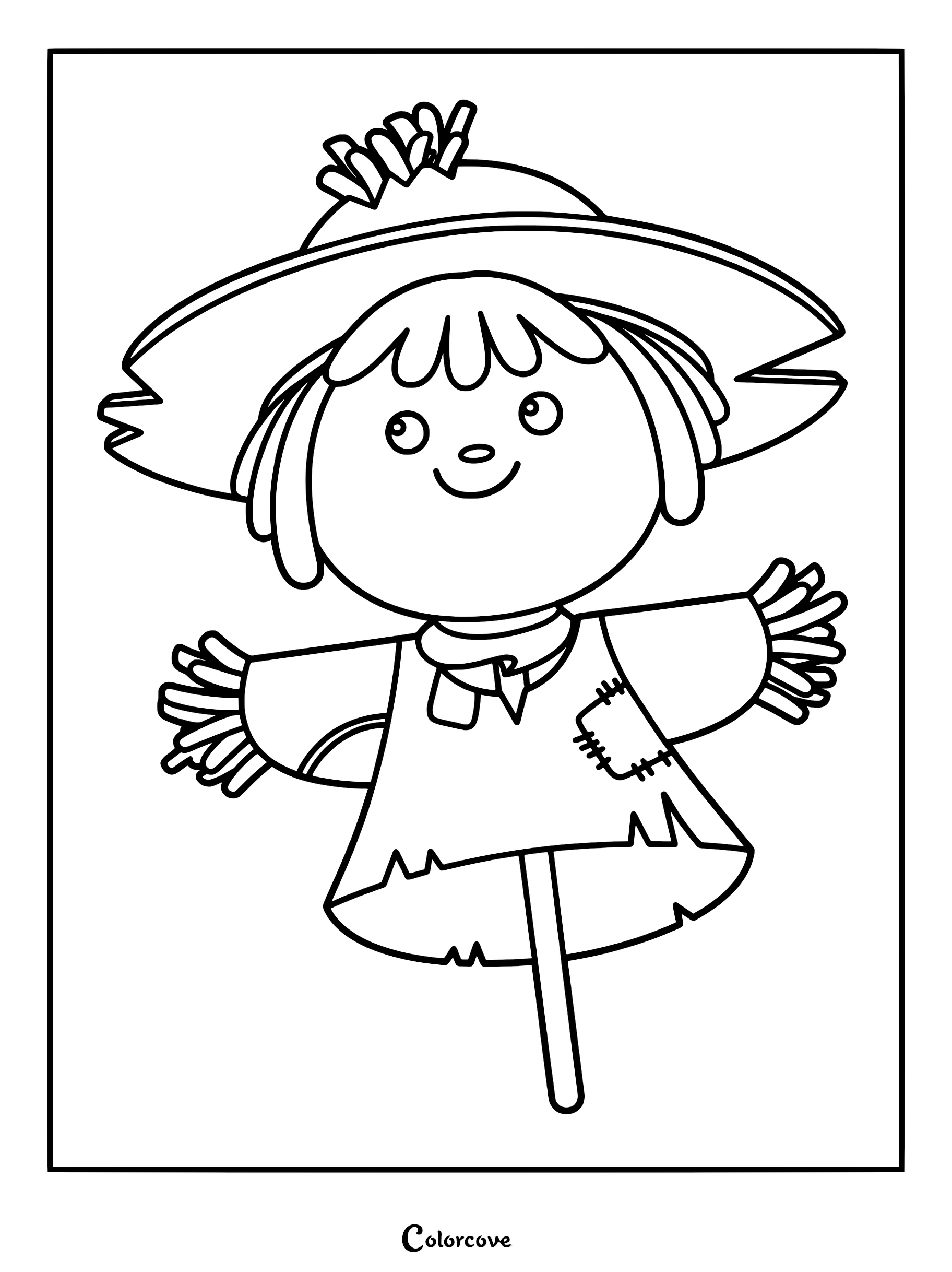 A simple line art coloring page of a smiling scarecrow wearing a wide-brimmed straw hat with patches on its shirt.