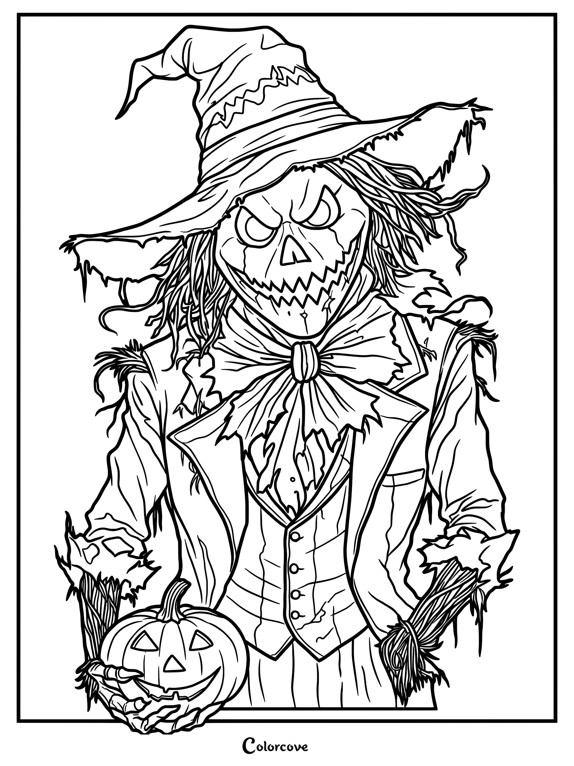 Scarecrow wearing a tattered hat and suit holding a carved pumpkin jack-o'-lantern in this detailed coloring page.