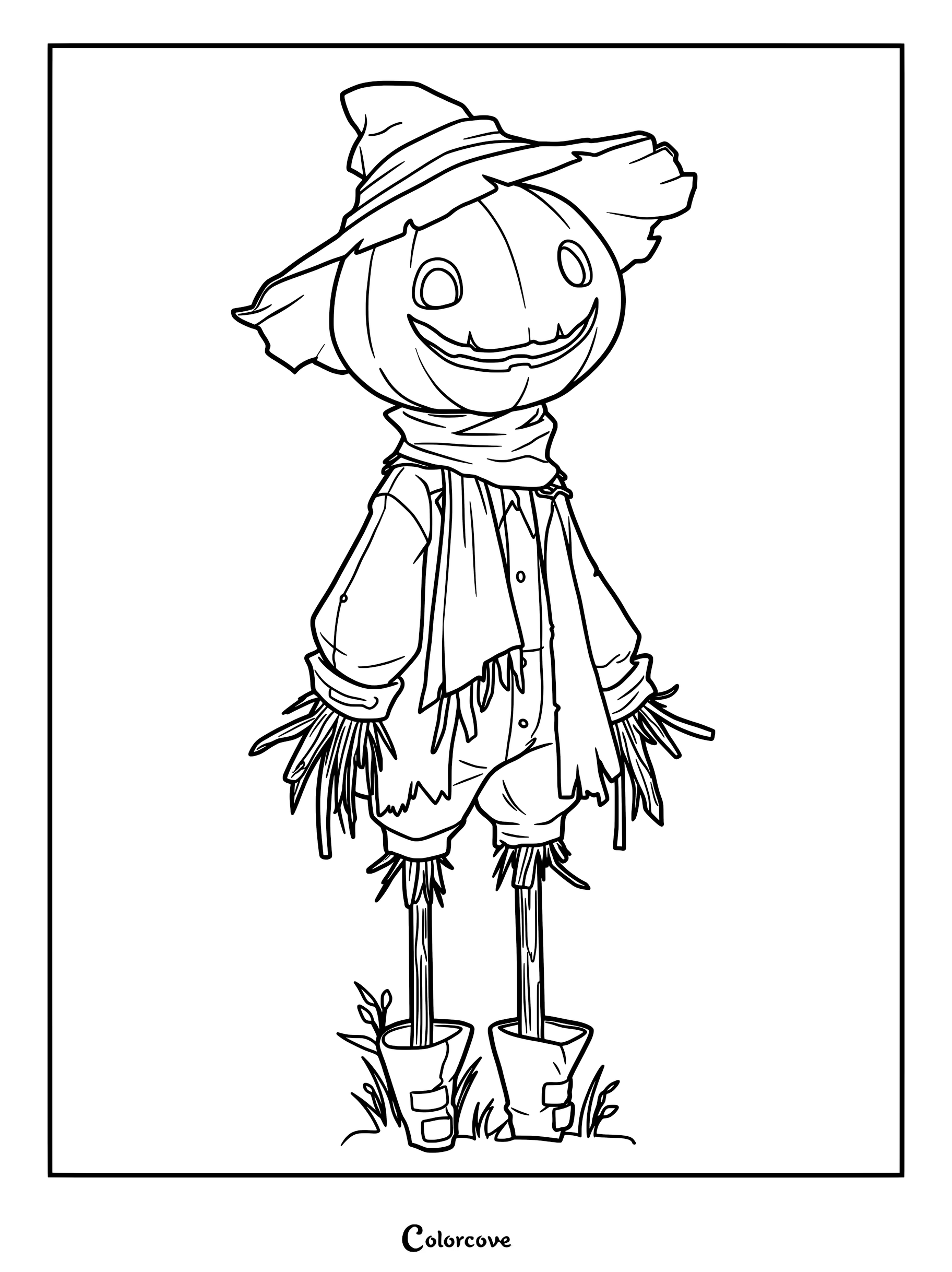 A line art coloring page of a scarecrow with a carved pumpkin head wearing a tattered hat and scarf standing in grass.