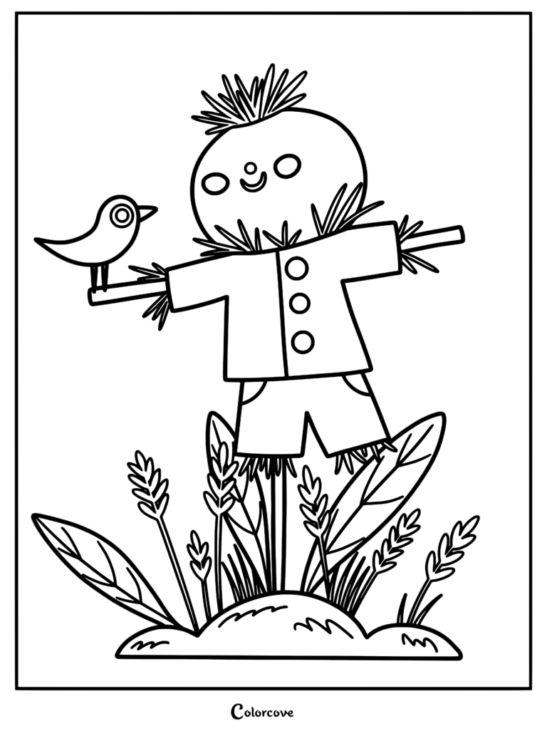 Une page de coloriage simple représentant un mignon epouvantail avec une tête ronde et des cheveux de paille, debout dans un champ avec un petit oiseau perché sur son bras.