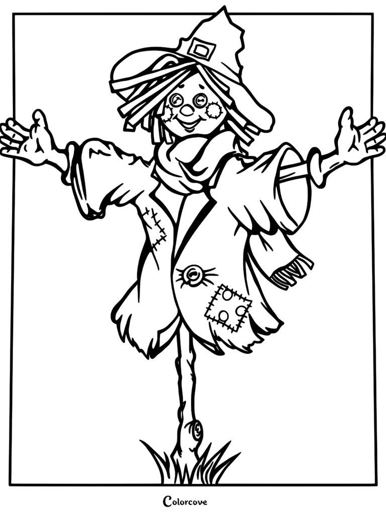 Un epouvantail sympathique portant un manteau rapiécé et un chapeau avec les bras tendus sur cette page de coloriage à imprimer.
