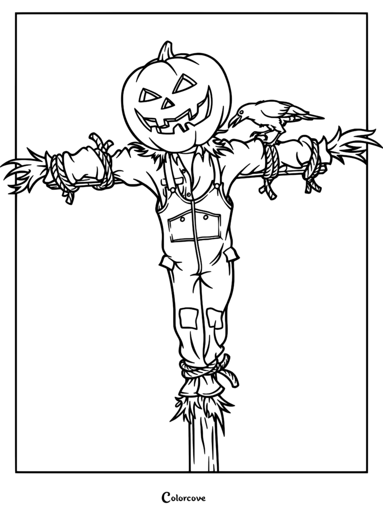 Une page de coloriage à imprimer représentant un epouvantail avec une tête de jack-o'-lantern sculptée, portant une salopette et une corneille perchée sur son épaule.