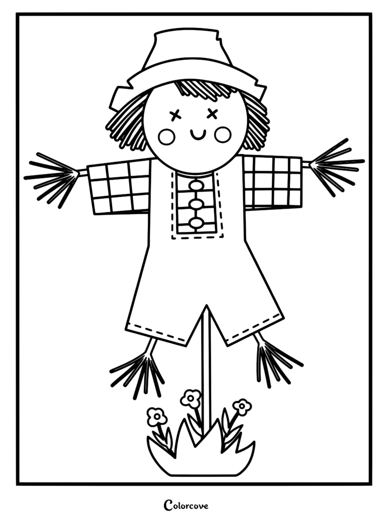 Une page de coloriage au trait simple d'un epouvantail souriant avec des yeux en forme de X, portant une chemise à carreaux et un chapeau, debout dans un carré de fleurs.