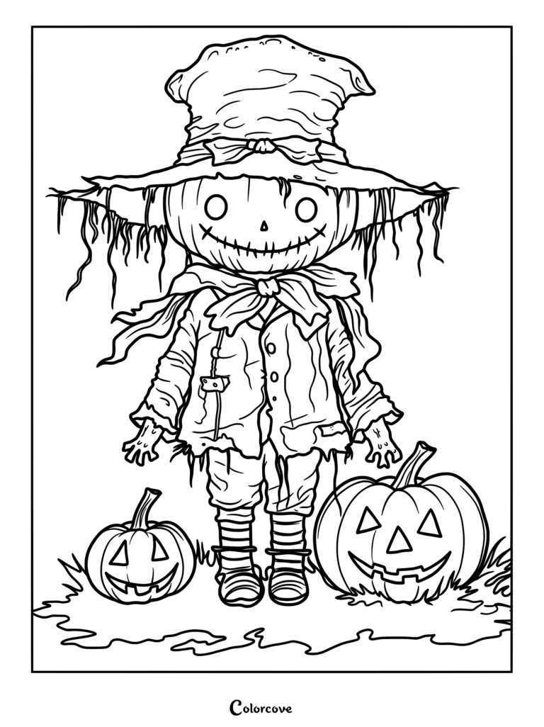 Un mignon epouvantail portant un chapeau et une écharpe en haillons, debout entre deux jack-o'-lanterns sculptées sur cette page de coloriage à imprimer.