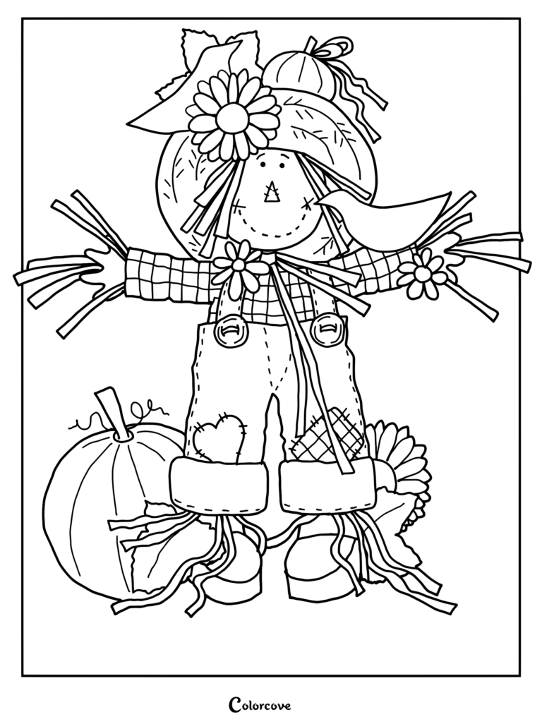 Un mignon epouvantail portant un chapeau avec une fleur et une citrouille, debout à côté d'une grande citrouille avec un oiseau sur le bras, page de coloriage.