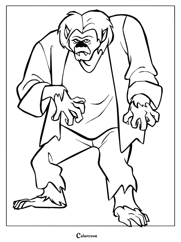 Page de coloriage de Scooby-Doo mettant en vedette le monstre Le Grincheux dans une veste et un pantalon verts, posant d'une manière menaçante.