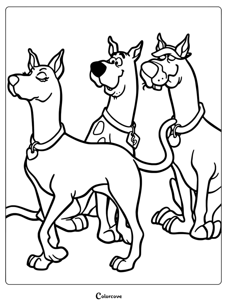 Coloriage de Nova, Scooby-Doo et Scrappy-Doo debout ensemble sur un fond orange