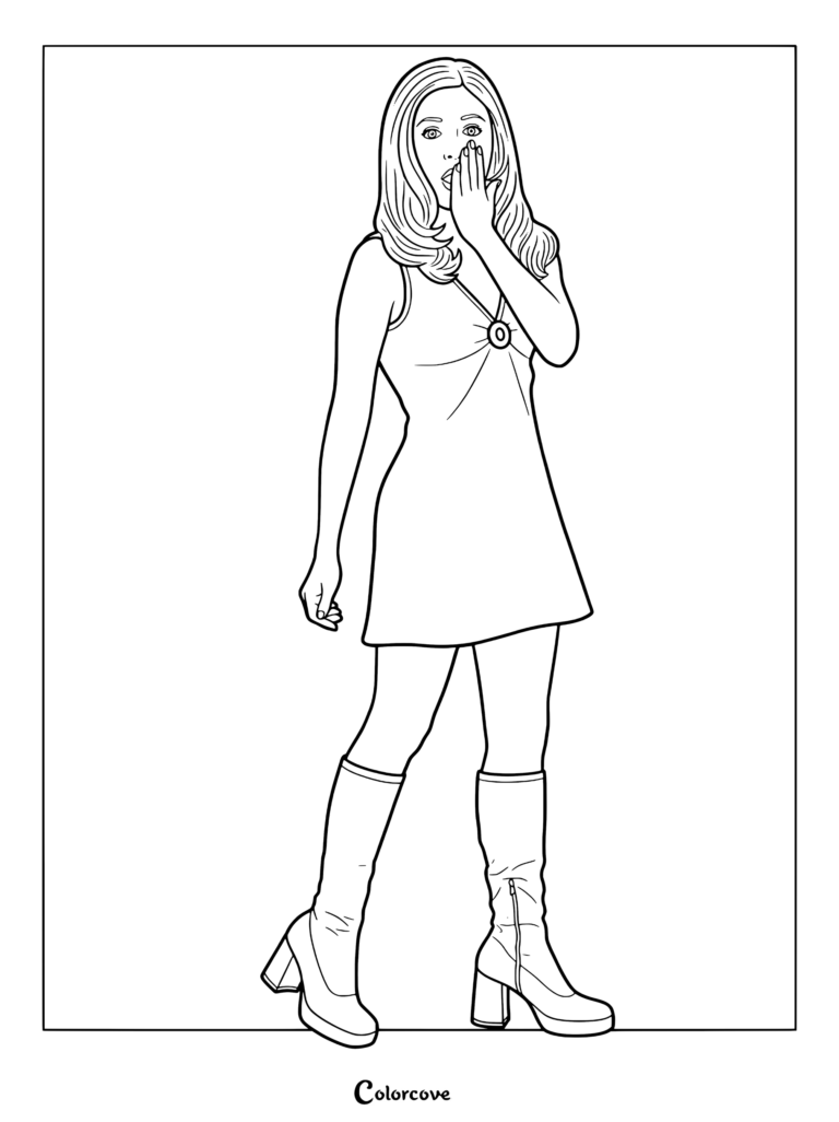 Coloriage Scooby-Doo représentant Sarah Michelle Gellar en Daphne Blake dans une robe rose et des bottes go-go assorties avec une expression surprise et la main sur la bouche