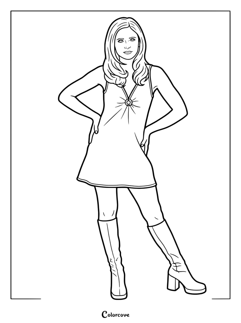 Coloriage Scooby-Doo représentant Sarah Michelle Gellar en Daphne Blake dans une robe violette et des bottes, debout les mains sur les hanches.