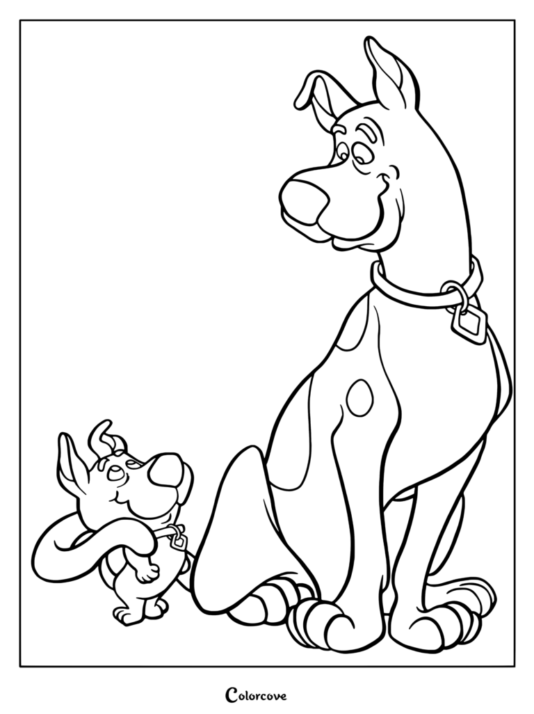 Coloriage de Scooby-Doo et Scrappy-Doo assis ensemble en train de se regarder sur un fond jaune terminé