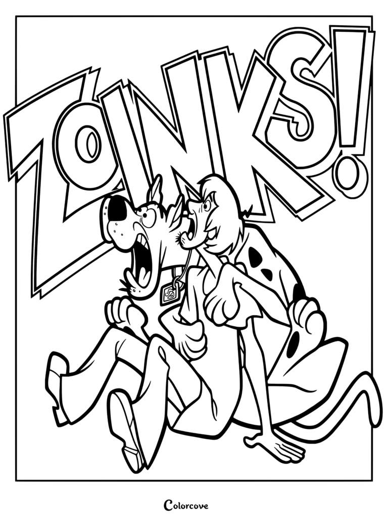 Coloriage de Scooby-Doo et Sammy hurlant de peur sous le texte d'exclamation zoinks
