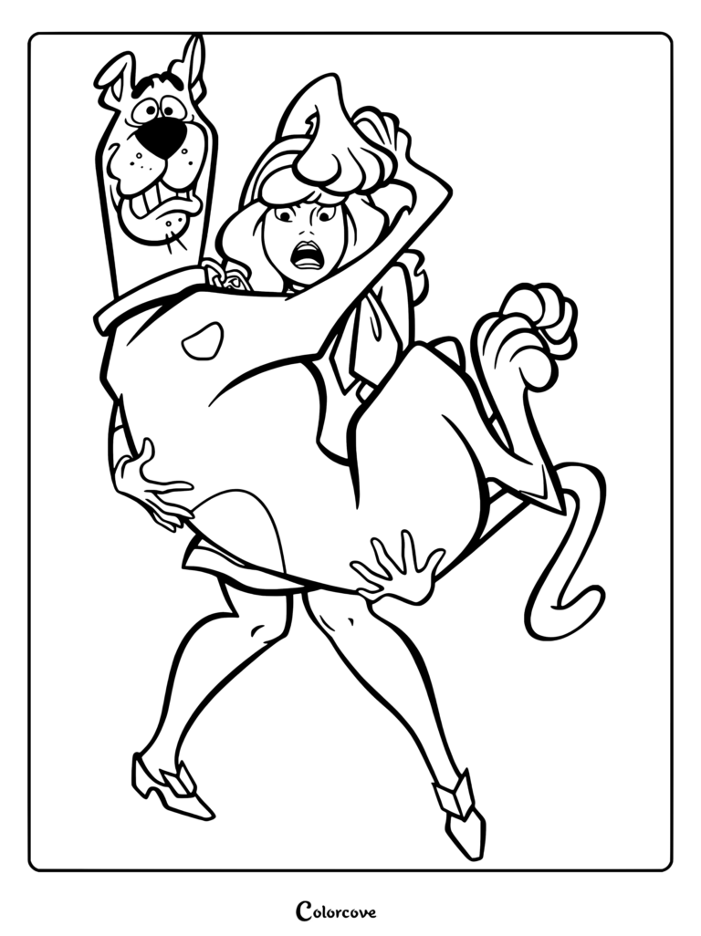 Coloriage Scooby-Doo montrant Scooby tenu, effrayé, dans les bras de Daphne Blake.