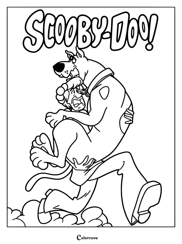 Coloriage de Scooby-Doo portant Sammy effrayé dans ses bras tout en s'enfuyant en panique
