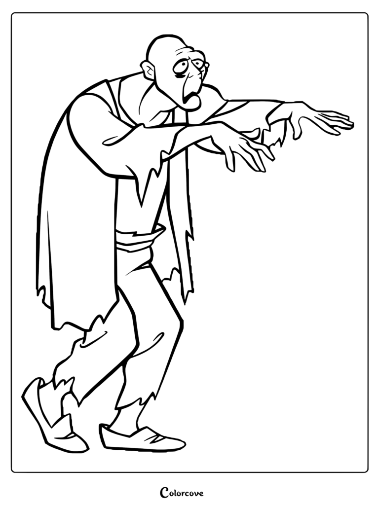 Le monstre zombie Le Grincheux avançant en traînant les pieds avec des yeux rouges, tiré d'une page de coloriage de Scooby-Doo
