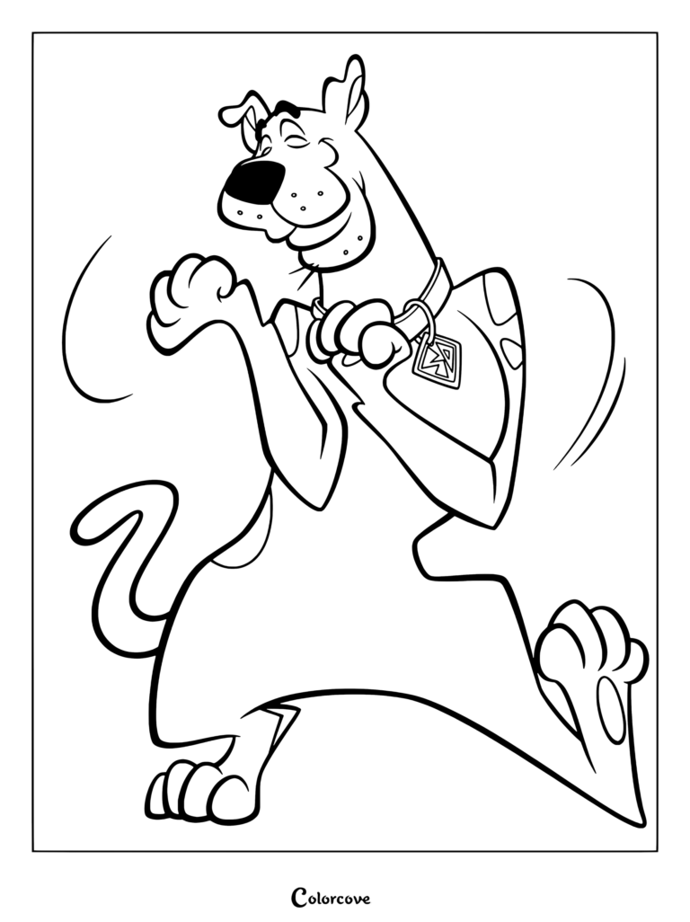 Coloriage de Scooby-Doo dansant joyeusement avec un collier bleu et une médaille en remuant des hanches