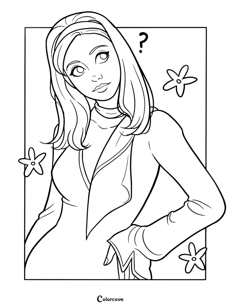 Daphne Blake de Scooby-Doo portant une robe violette et un foulard vert, posant pensivement avec un point d'interrogation et des fleurs, page de coloriage