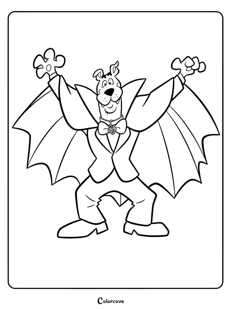 Coloriage de Scooby-Doo habillé en vampire Dracula avec une cape et un smoking posant de manière effrayante
