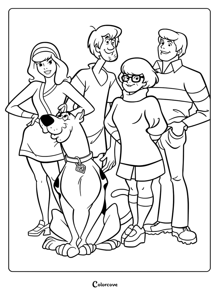 Portrait de groupe de toute la bande de Scooby-Doo avec Fred, Daphne, Vera, Sammy et Scooby souriant en tant que coloriage gratuit.