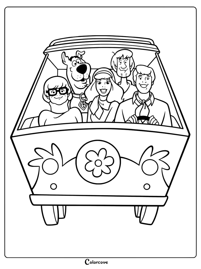 Coloriage de la bande de Scooby-Doo voyageant ensemble dans le van de La Mystery Machine avec Fred, Daphne, Vera, Sammy et Scooby-Doo.