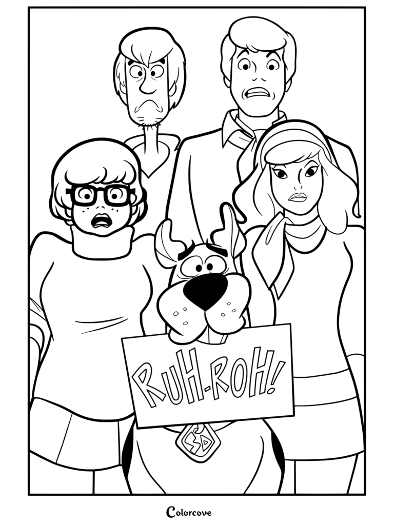 Coloriage Scooby-Doo avec Sammy, Fred, Vera, Daphne et Scooby-Doo tenant un panneau Ruh Roh avec des expressions effrayées