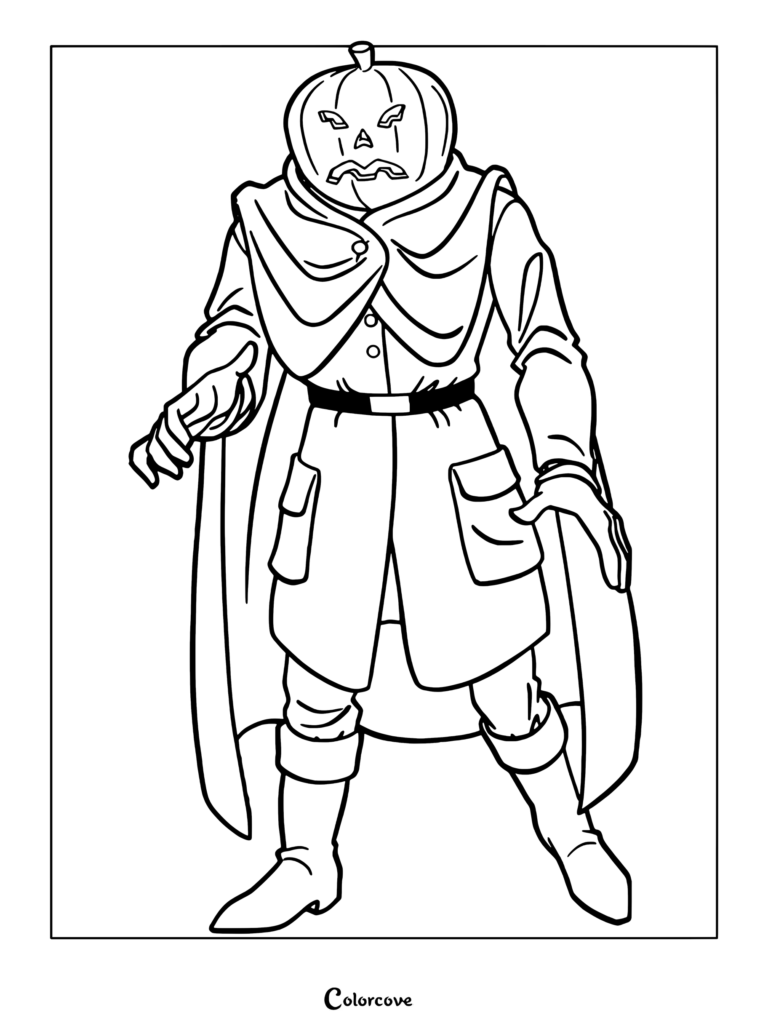 Page de coloriage de Scooby-Doo mettant en vedette le méchant Spectre sans Tête avec une tête de citrouille et une robe bleue.