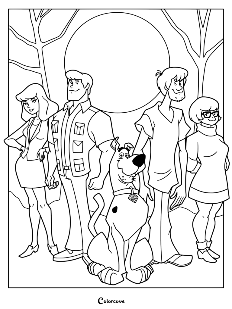 Coloriage de la bande de Scooby-Doo Mystère et Cie debout ensemble devant un fond de nuit de pleine lune