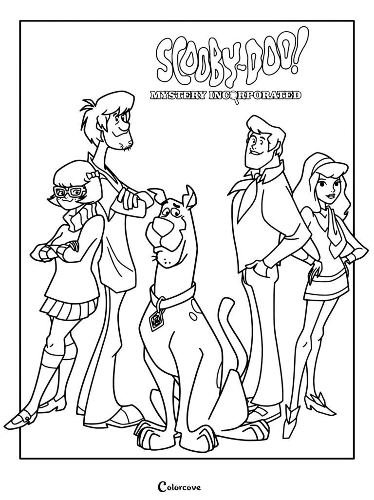 Page de coloriage du portrait de groupe de la distribution de Scooby-Doo Mystère et Cie avec Vera, Sammy, Scooby, Fred et Daphne