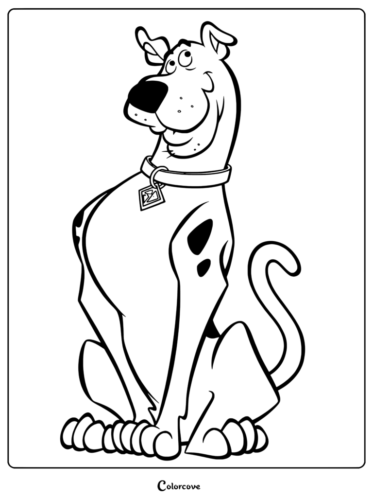 Coloriage Scooby-Doo représentant le Dogue allemand bien-aimé assis fièrement, portant son collier avec la médaille SD et regardant vers le haut.