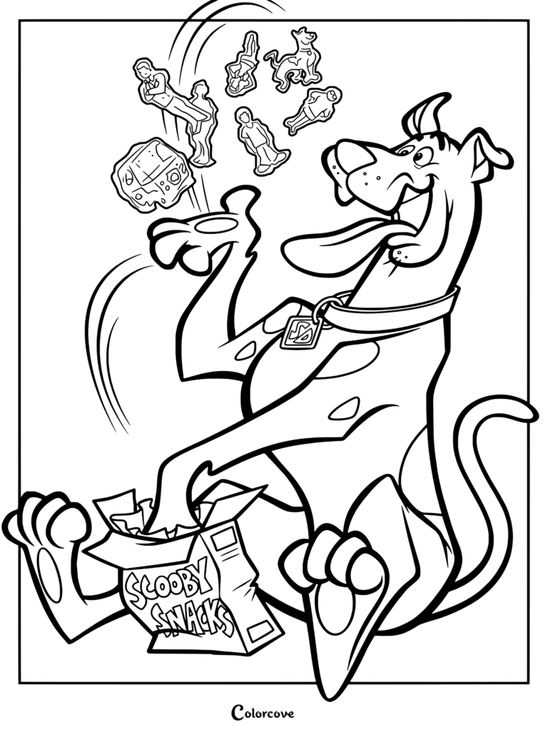 Coloriage Scooby-Doo montrant Scooby lançant des Scooby-Biscuits en l'air depuis une boîte.