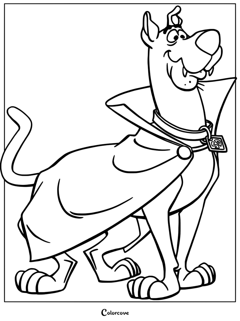 Coloriage de Scooby-Doo portant une cape de vampire violette avec une doublure rouge et un col sarcelle