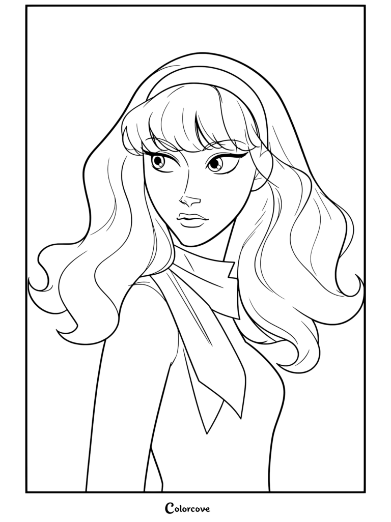 Coloriage Scooby-Doo de Daphne Blake regardant par-dessus son épaule avec une expression suspecte, portant une chemise violette et un foulard vert.