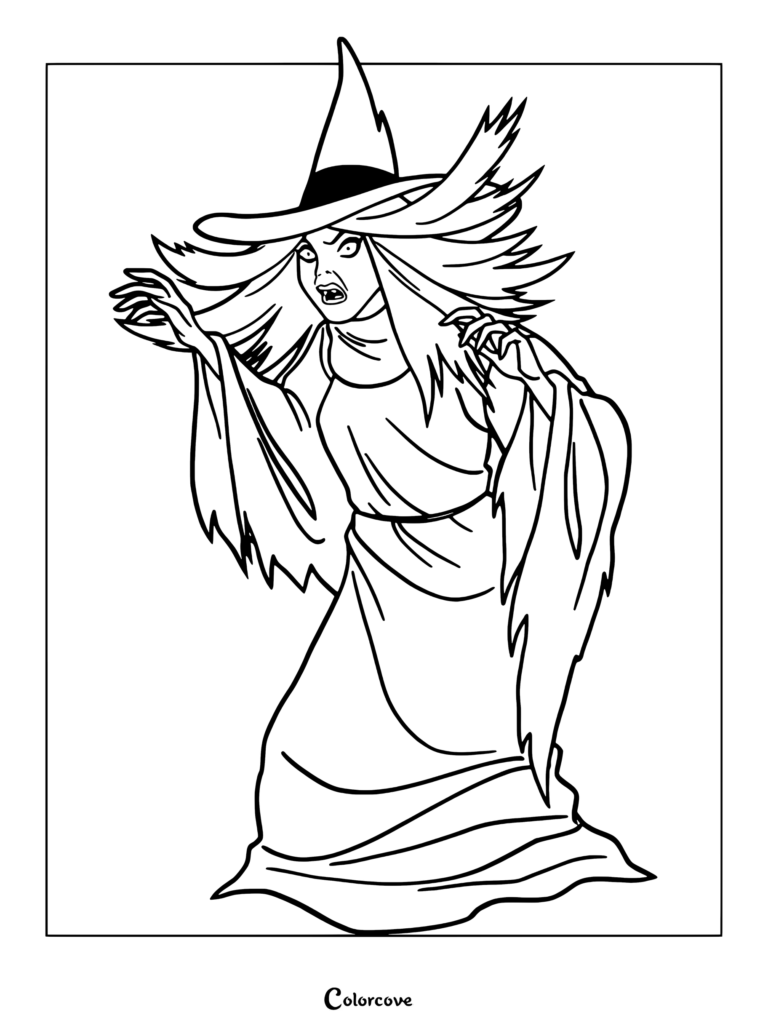 Zelda Fulstone, la sorcière de Wellwick, faisant la grimace et tendant les griffes dans une page de coloriage de Scooby-Doo.