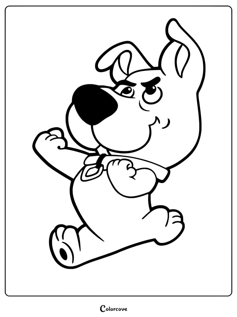 Scrappy-Doo courant avec détermination, poings levés et collier cyan, page de coloriage pour les fans de Scooby-Doo