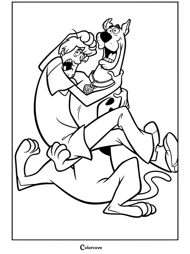 Coloriage Scooby-Doo montrant Sammy et Scooby-Doo effrayés qui se font des câlins en s'enfuyant