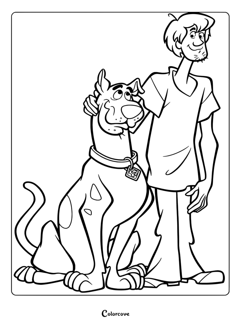 Sammy Rogers et Scooby-Doo debout ensemble et souriant sur une page de coloriage à imprimer.