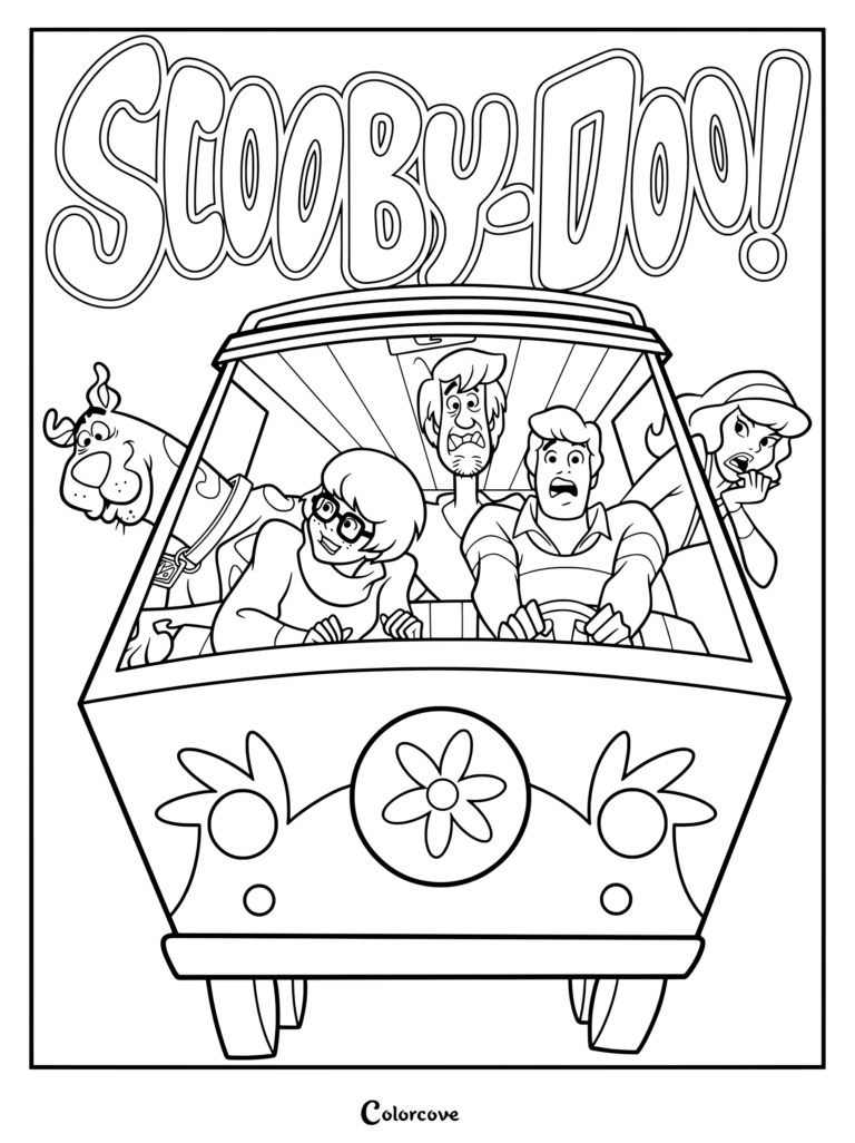 Coloriage Scooby-Doo montrant le van classique de La Mystery Machine transportant Scooby-Doo, Vera Dinkley, Sammy Rogers, Fred Jones et Daphne Blake.