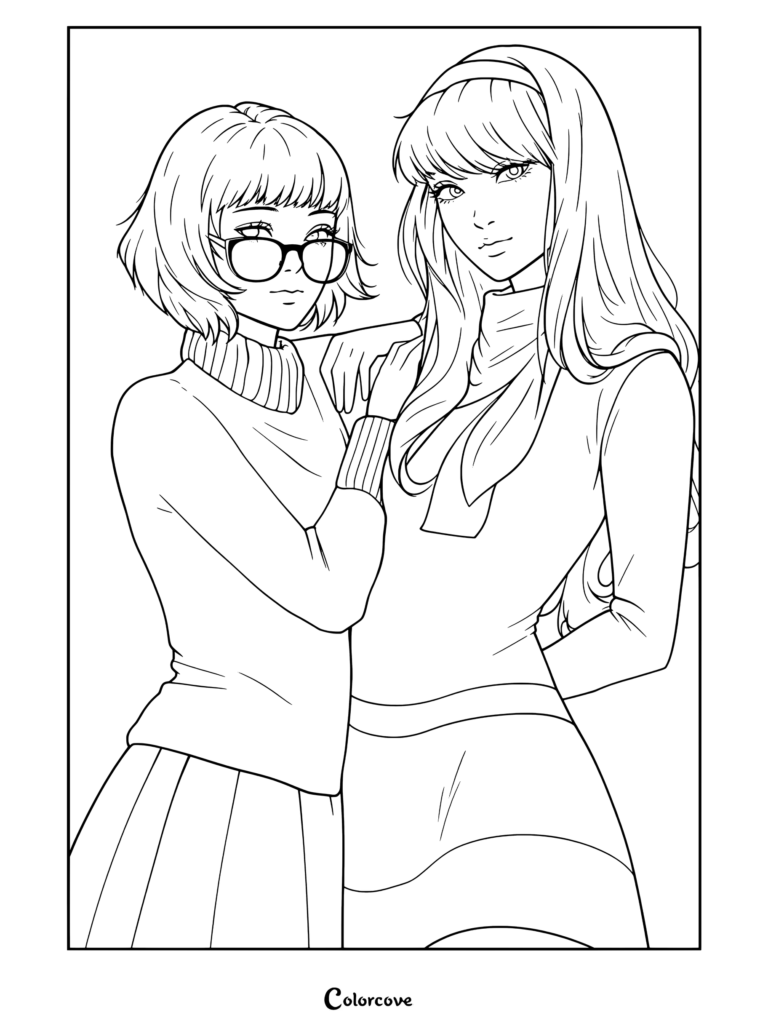 Coloriage de Vera et Daphne debout côte à côte en tenue de Scooby-Doo avec Daphne s'appuyant sur l'épaule de Vera