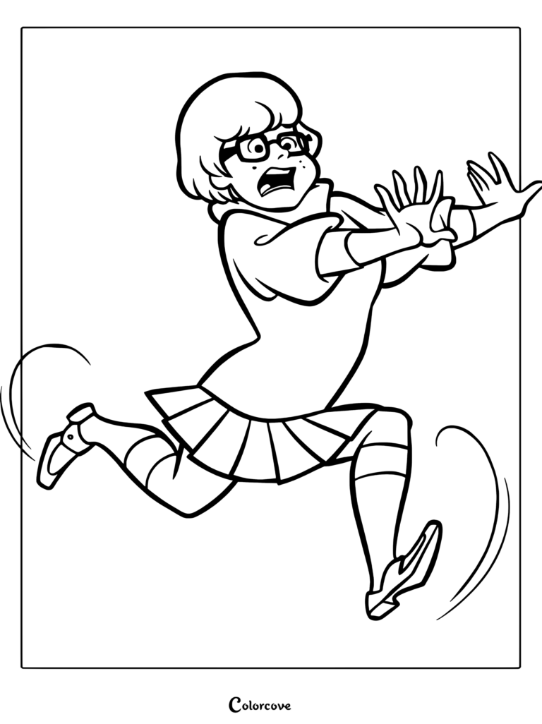 Vera Dinkley fuyant effrayée les mains levées dans un pull orange et une jupe rouge, page de coloriage de Scooby-Doo