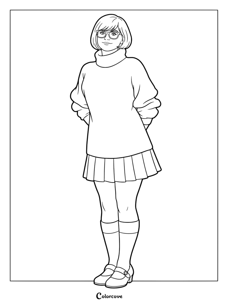 Vera Dinkley en pose debout dans un pull à col roulé orange, une jupe plissée rouge et des lunettes, page de coloriage de Scooby-Doo
