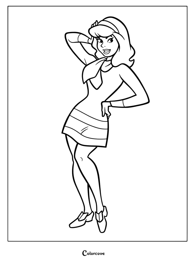 Coloriage de Scooby-Doo et Daphne Blake debout avec assurance la main sur la tête, portant une robe violette et un foulard vert