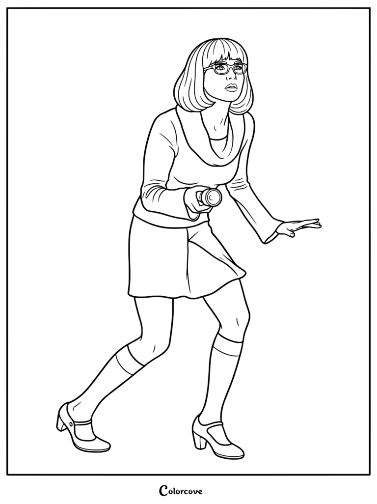 Vera Dinkley portant un pull orange, une jupe rouge et des lunettes, tenant une loupe dans une pose d'investigation accroupie sur fond orange, page de coloriage terminée pour Scooby-Doo