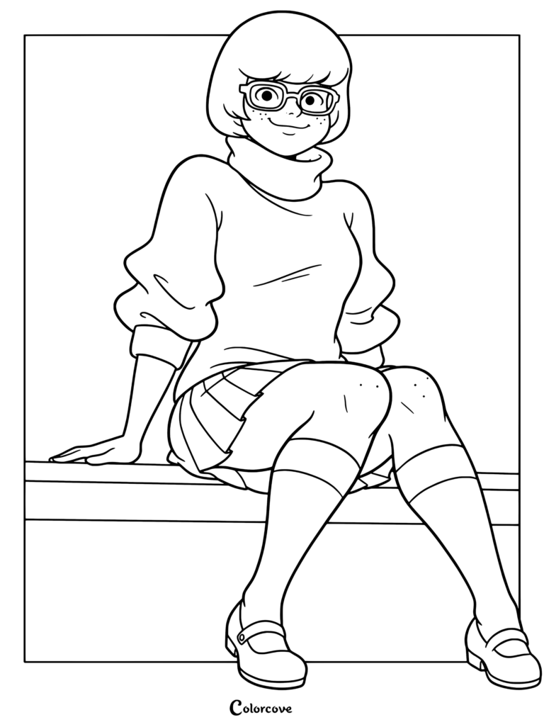 Page de coloriage de Scooby-Doo mettant en vedette Vera Dinkley portant un col roulé orange et une jupe marron, assise sur un rebord en bois et souriant