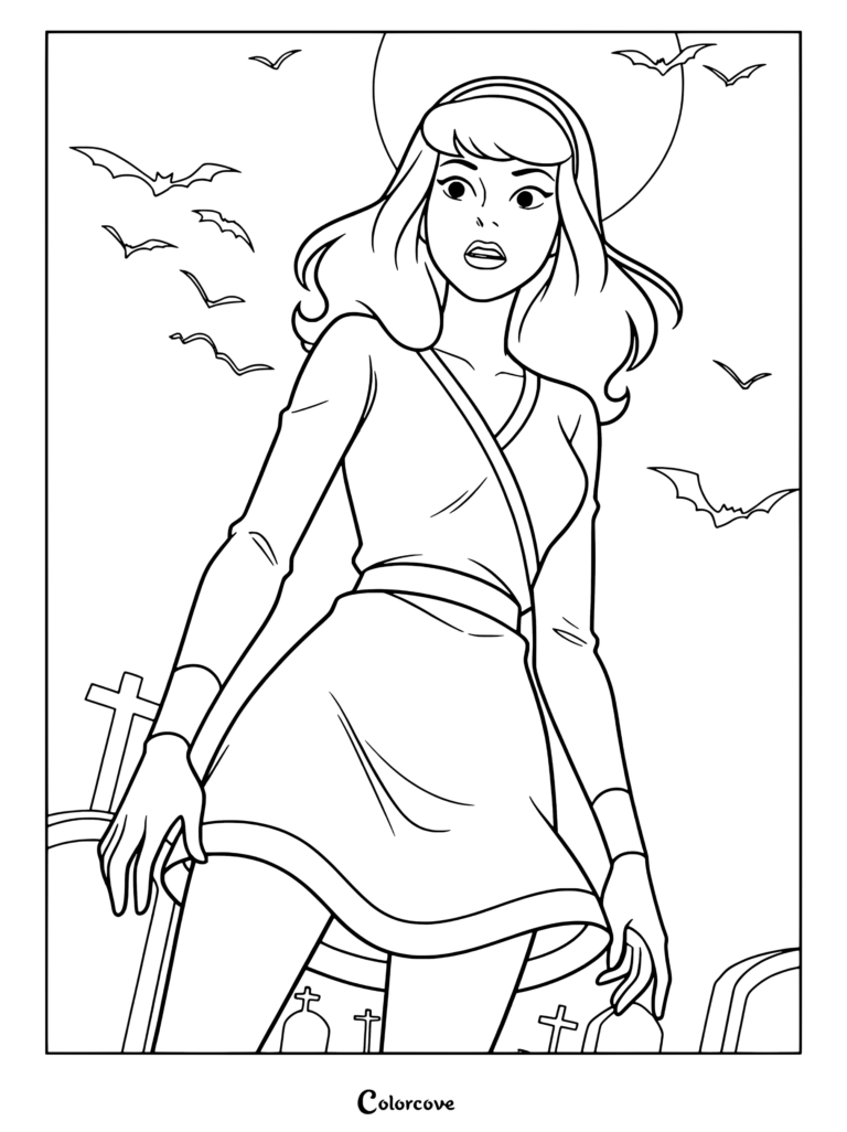 Daphne Blake debout, effrayée, dans un cimetière la nuit avec une pleine lune et des chauves-souris volant autour dans un coloriage Scooby-Doo