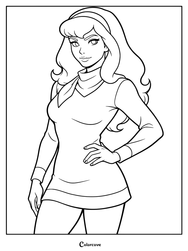 Daphne Blake portant une robe violette et un foulard vert, debout avec assurance la main sur la hanche, coloriage terminé pour les fans de Scooby-Doo