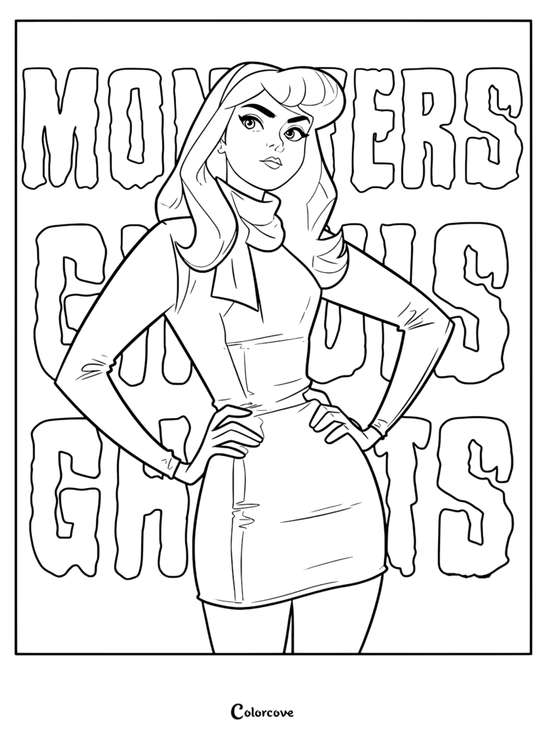 Daphne Blake portant une robe violette et un foulard vert, debout avec assurance les mains sur les hanches devant un texte blanc terminé pour le coloriage Scooby-Doo