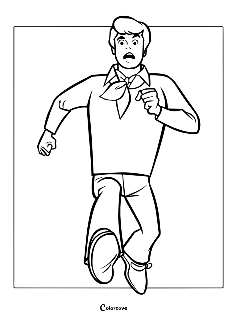 Page de coloriage de Scooby-Doo mettant en vedette Fred Jones courant effrayé avec une expression surprise, portant un pull blanc et un foulard orange.