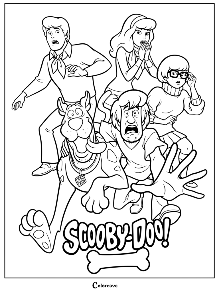 Coloriage Scooby-Doo représentant Fred, Daphne, Vera, Sammy et Scooby fuyant de peur.