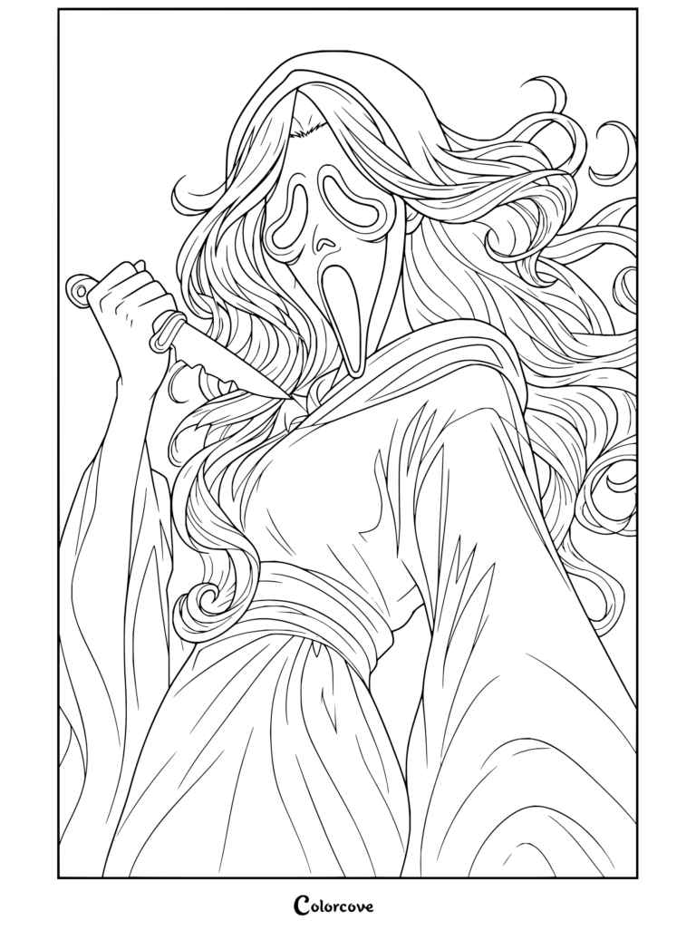 Coloriage Ghostface de Scream style anime mettant en scène un personnage à capuche aux longs cheveux flottants avec un couteau.