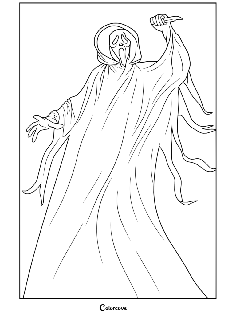 Coloriage Ghostface de Scream représentant Ghostface de Scream tenant un couteau vers le haut, vêtu d'une robe noire à capuche sur fond rouge.